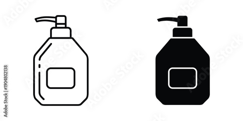 Two monochrome illustrations of liquid soap dispensers one outlined and one solid black high quality professional detailed modern elegant stylish clean crisp vibrant colorful digital creative