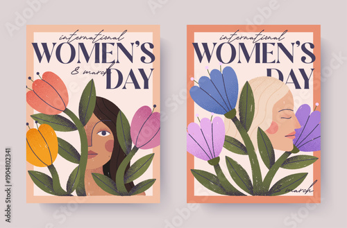 International Women's Day poster set.Female portraits and floral elements.Modern feminist greeting card design symbolizing empowerment,equality,inclusion.Vertical template for social media and print