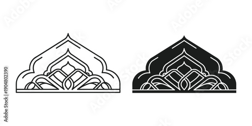 This image presents two black and white variations of an ornate arched architectural element likely inspired by islamic design high quality professional detailed modern elegant stylish
