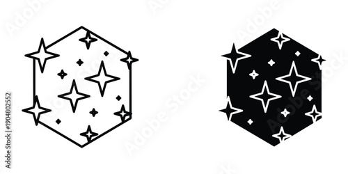 Two geometric designs are displayed a hexagonal prism with stars and a solid hexagon filled with star patterns high quality professional detailed modern elegant stylish clean