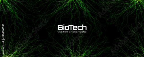 Biotech network structure green glow on black wireframe lines net, medical biology tech background. Neural roots for web header, bio med lab banner, startup conference screen. Vector illustration