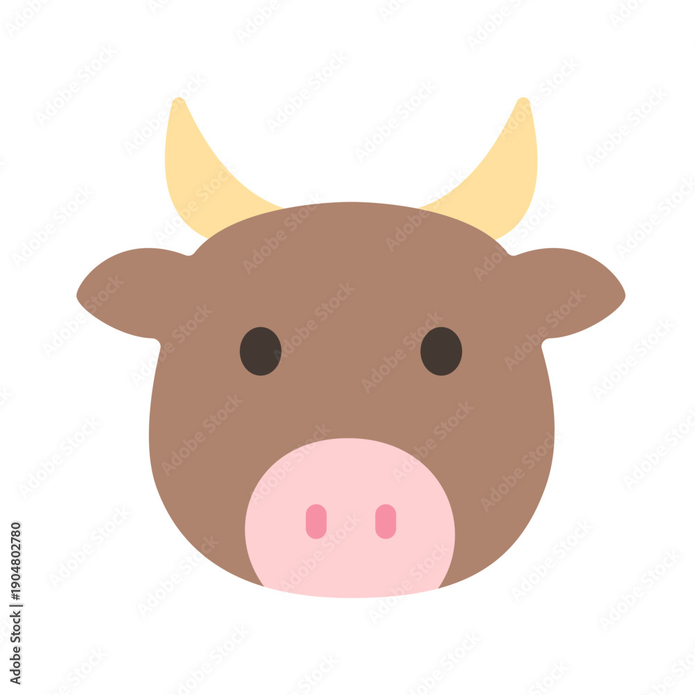 Fototapeta premium Flat illustration of a cute buffalo face with curved horns and gentle expression. Perfect for wildlife themes, animal characters, educational visuals, and playful designs.
