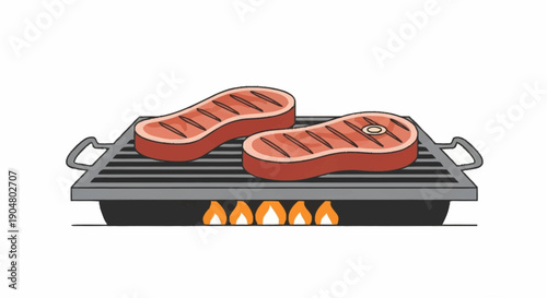 Two Raw Steaks Grilling on a Barbecue Grill with Flames.