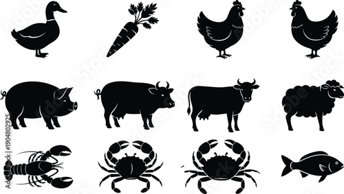 Black and white farm animal silhouette collection featuring livestock poultry vegetables and seafood icons, rural agriculture symbols, traditional farming elements, vector illustration set