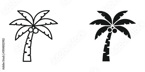 A simple black and white illustration depicts two palm trees one outlined and one filled showcasing tropical vegetation high quality professional detailed modern elegant stylish clean