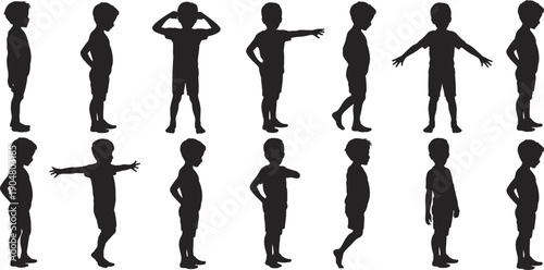 Set of child silhouette figures showing boy standing gestures and body poses isolated on white background people vector collection