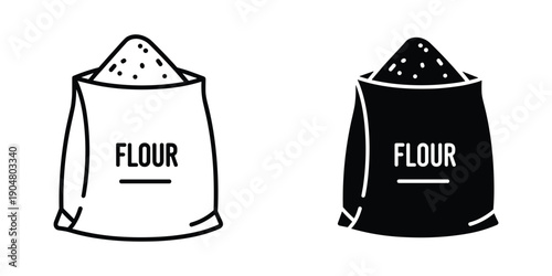 Two simple black and white illustrations depict bags of flour one with a white background and one black high quality professional detailed modern elegant stylish clean