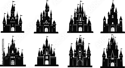 Black and white medieval castle silhouettes collection with fantasy fairy tale fortresses, royal architecture icons, isolated minimalist illustration set for logos, posters, and design