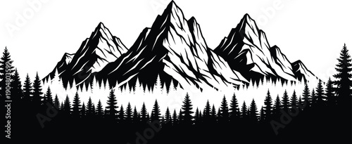 Black and white mountain landscape silhouette with pine forest, alpine peaks, wilderness nature illustration, minimalist outdoor scenery background for travel, adventure, and wall art