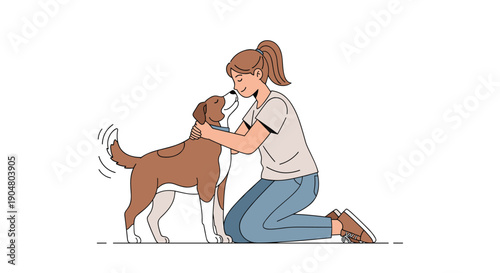 Affectionate young woman kneeling down to receive a loving lick from her happy brown and white dog, illustrating deep