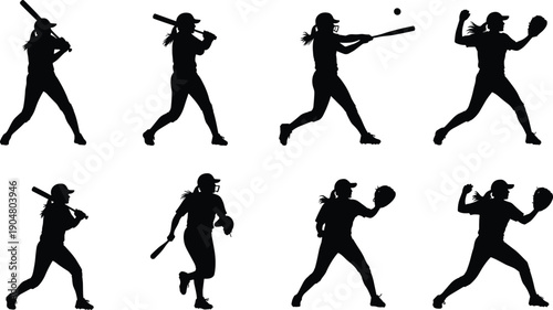 Black and white softball player silhouette set showing batting throwing catching running actions, female athlete sports poses, dynamic baseball activity vector illustration collection