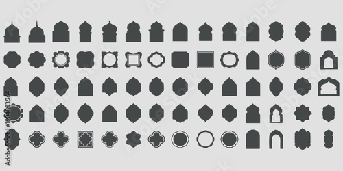 Old mosque windows shape in oriental style. Islamic door set, flat arabic frames or arabian arches silhouette. Muslim architecture geometric design elements, moroccan minimal arcs. Ramadan kareem gate