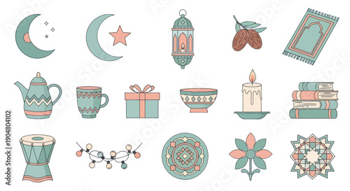 Ramadan Icons Set: Moon, Star, Lantern, Dates, Prayer Mat, Tea Pot, Gift, Candle, Books, Drum
