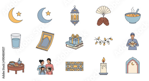 Ramadan Icons Set: Crescent Moon, Lantern, Prayer Mat, Gifts, Food, Family, Candle