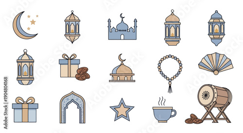 Ramadan Icons Set: Lanterns, Mosque, Moon, Gifts, Dates, Drum, Prayer Beads, Star, Arch