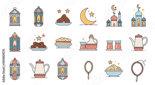 Ramadan Icons Set: Lanterns, Dates, Crescent Moon, Mosque, Tea & Prayer Beads