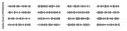 Minimalist waveform graphic with black audio frequency lines and equalizer bars. Contemporary podcast icon of fluid pattern for radio broadcast, voice recording, or digital player interface design.