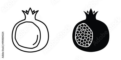 A simple black and white illustration depicting two pomegranates one in outline and one with a filled interior high quality professional detailed modern elegant stylish clean