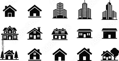 Black house and building icon set featuring residential homes and urban skyscrapers, minimalist real estate symbols for architecture, property, construction, and city planning design use