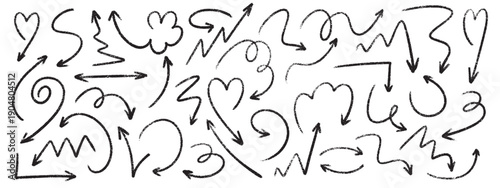 Hand drawn arrow set with marker, crayon and chalk pointer icons. Pencil line sketches featuring black brush strokes, rough doodle elements and fun scribble textures on white background for design.