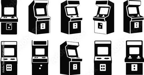 Set of retro arcade game machine illustrations featuring classic vintage gaming cabinets isolated on white background vector collection