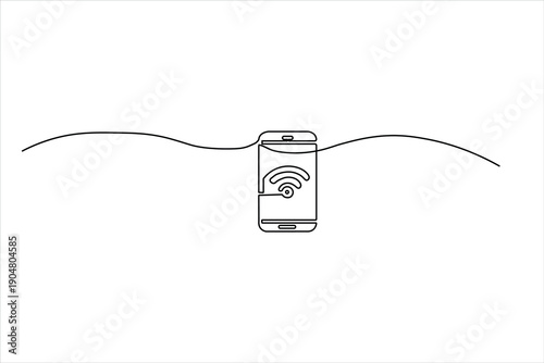 Minimalist continuous one-line drawing of a smartphone with a Wi-Fi symbol. Clean vector art for wireless internet, connectivity, and mobile tech.