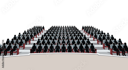 Perspective view of empty rows of dark, unoccupied cinema seats within a large, modern movie theater or auditorium,