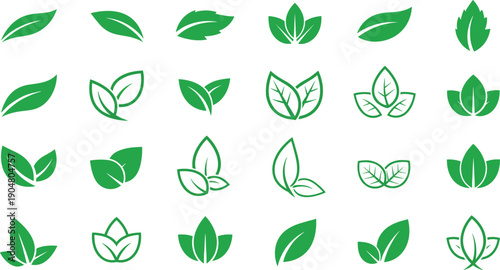 Green leaf icon collection featuring eco friendly botanical symbols, nature and sustainability elements, organic plant graphics, environmental design, flat vector illustration set