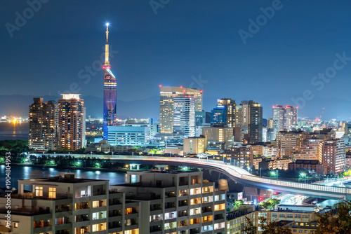 Obraz na płótnie Fukuoka tower and light trail on express way at night from Atago shrine