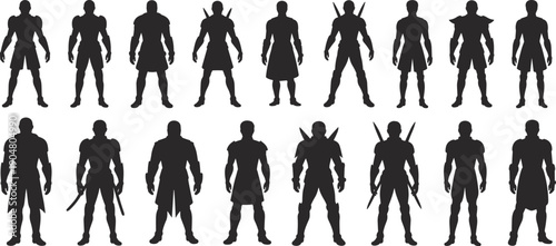 Set of warrior fighter silhouettes showing fantasy and medieval armored characters standing poses isolated on white background vector