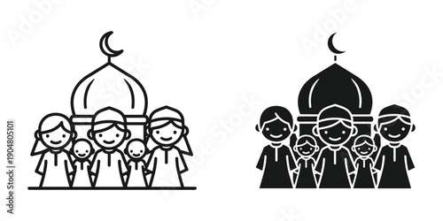This image depicts two black and white illustrations of a muslim family standing in front of a mosque high quality professional detailed modern elegant stylish clean