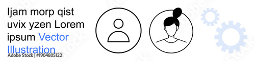 Profile creation, user identity, customization, system settings, account management, technology interface. Circular user icons and gear elements displayed. User identity and customization concept