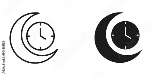 A graphic features two circular designs each combining a crescent moon shape with a clock face inside depicting time and lunar cycles high quality professional detailed