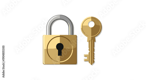 Shiny golden padlock paired with its matching key, symbolizing robust security, reliable access, privacy, and
