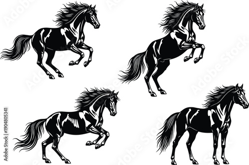 Running horse silhouette collection featuring wild stallions in dynamic poses, black and white equine vector illustrations isolated on white background