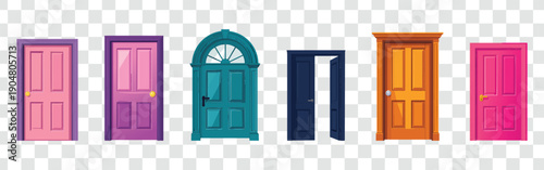 Vibrant Cartoon Doors Vector Set. Colorful Entrance and Exit Elements Collection for Home, UI and Game Design