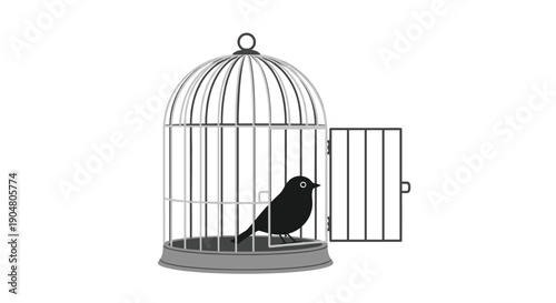 A black silhouette of a bird remaining inside its open cage, illustrating the complex theme of chosen confinement or