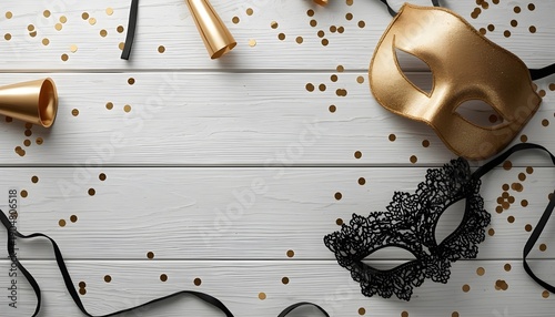 A festive scene with gold and black masquerade masks, confetti, and party blowers on a white wooden background.