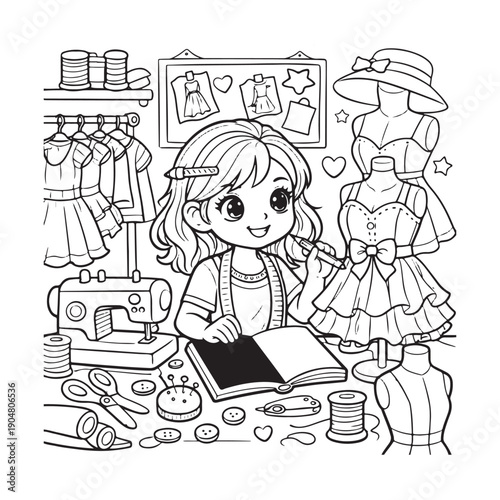 Fashion Designer Coloring Page, Cartoon Style Fashion Designer Line Art for Children