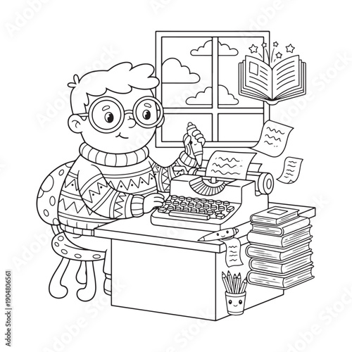 Writer Coloring Page, Cartoon Style Writer Line Art for Children