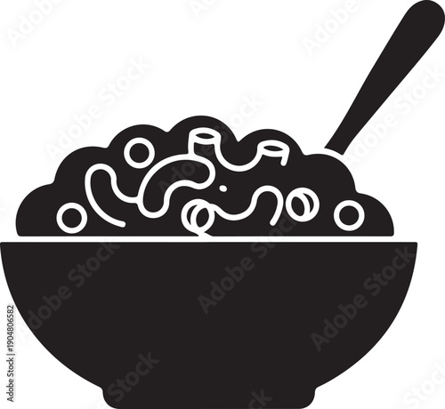 Blackandwhite illustration of a bowl of noodles with a spoon  simple food icon