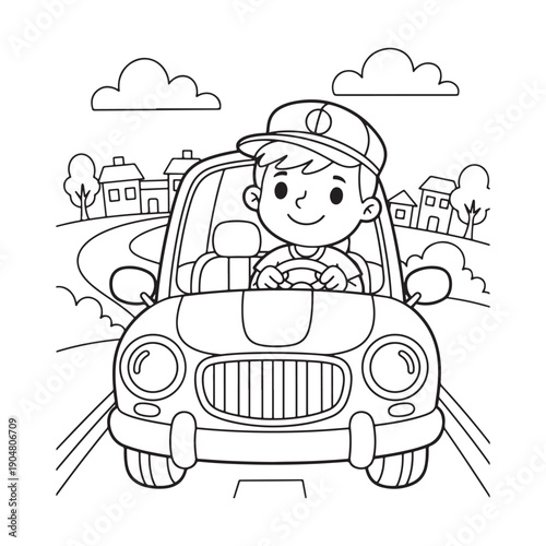 Driver Coloring Page, Cartoon Style Driver Line Art for Children