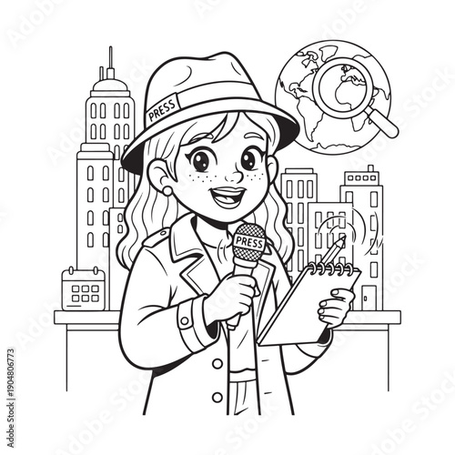 Journalist Coloring Page, Cartoon Style Journalist Line Art for Children