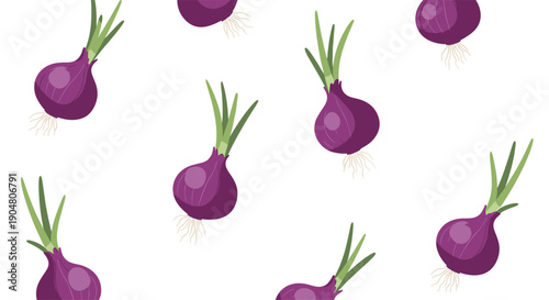 Vibrant seamless pattern featuring a scattered array of fresh red onions with green sprouts on a clean white