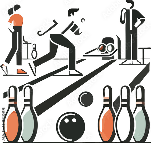 Bowling game with pins and ball on white background