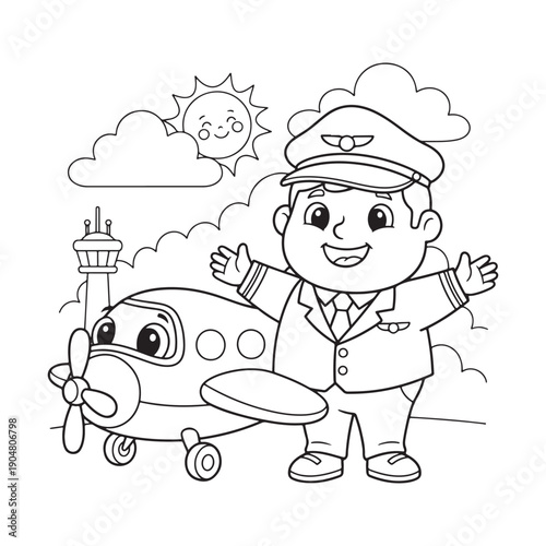 Pilot Worker Coloring Page, Friendly Pilot Line Art for Children