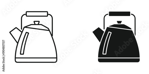 Two depictions of a classic stovetop kettle are shown one outlined and one filled in black high quality professional detailed modern