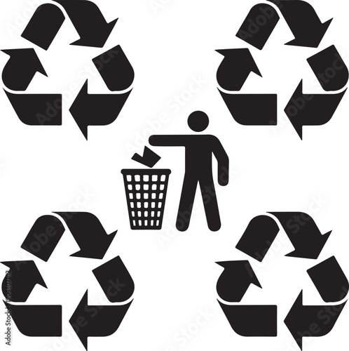 A person placing rubbish into a trash can surrounded by four environmental recycling symbols