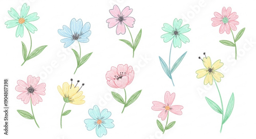 Collection of charming hand-drawn pastel watercolor flowers in various delicate hues, offering a soft and whimsical aesthetic for nature-inspired design projects and decorative elements