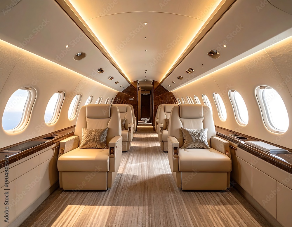Fototapeta premium Luxurious Private Jet Interior with Plush Seating and Ambient Lighting.